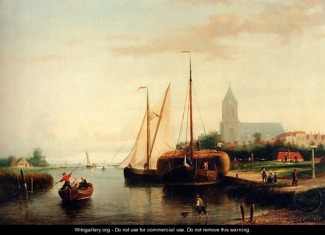 A Moored Haybarge And Other Shipping By A Bleach-field, In The Harbour Of Manninckendam - Johannes Frederik Hulk, Snr.