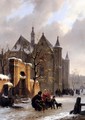 A Capricio View With Figures Leaving A Church In Winter - Bartholomeus Johannes Van Hove