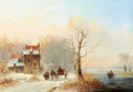 A Winter Landscape With Skaters On A Frozen waterway And A Horse-drawn Cart On A Snow-covered Track - Jacobus Van Der Stok