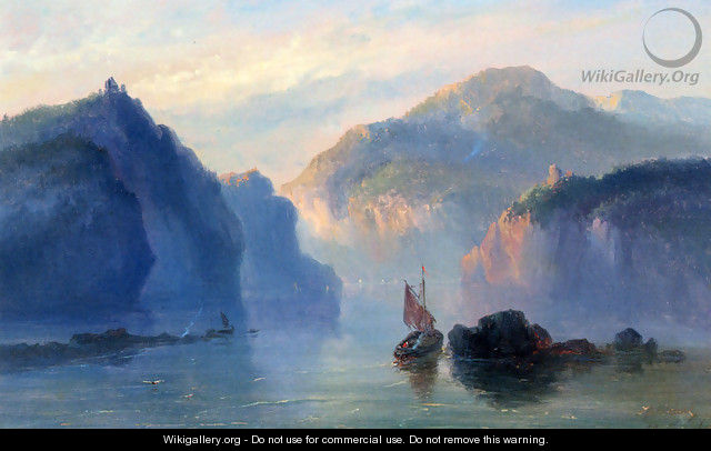 A Mountainous River Landscape With A Sailboat At Dusk - Josephus Gerardus Hans
