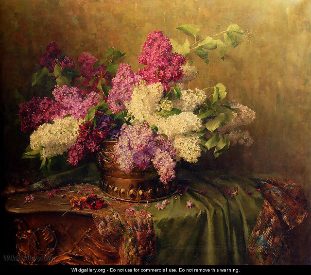 A Still Life With Lilacs And Violets On A Draped Guilt Rococo Table - Clara Von Sivers