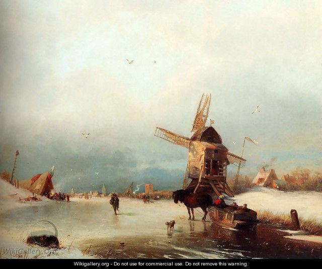 A Winter Landscape With A Horse-drawn Sledge On A Frozen River By A Windmill - Carl Hilgers