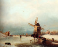 A Winter Landscape With A Horse-drawn Sledge On A Frozen River By A Windmill - Carl Hilgers