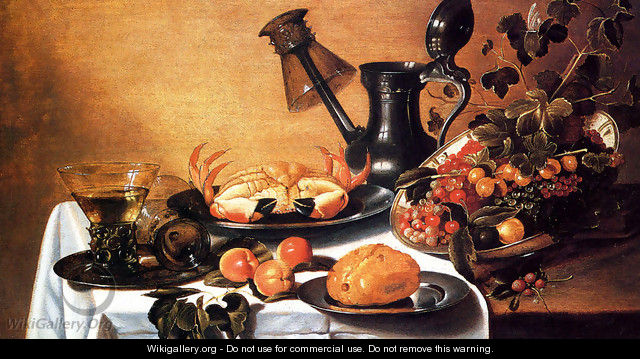 Still Life Of Fruit With Crab, Overturned Roehmer On Spout Of Jug - Cornelius Kruys