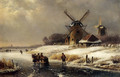 Figures On A Frozen Waterway By A Windmill - Lodewijk Johannes Kleijn
