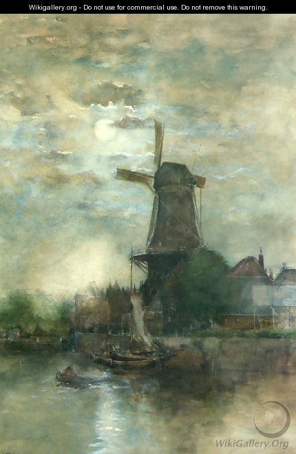 A Moonlit Windmill - Fredericus Jacobus Van Rossum Chattel