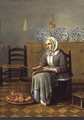 A Seated Woman preparing Food in a Kitchen - Franciscus Carree