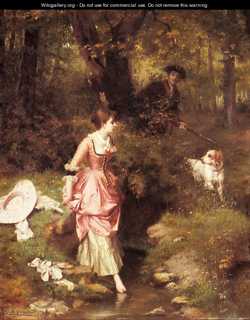A Young Beauty Crossing a Brook with a Hunter Beyond - Emile Pierre Metzmacher