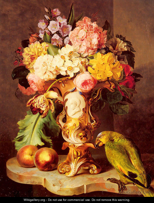 A Still Life with a Vase of Assorted Flowers, Peaches and a Parrot on a Marble Ledge - Ferdinand Kuss