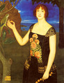 A Portrait Of A Lady With A Parakeet In A Tropical Landscape - Miguel Viladrich