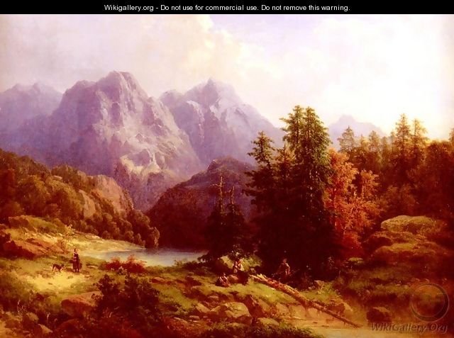 Woodsman And Family In An Alpine Landscape - H. Baumgartner