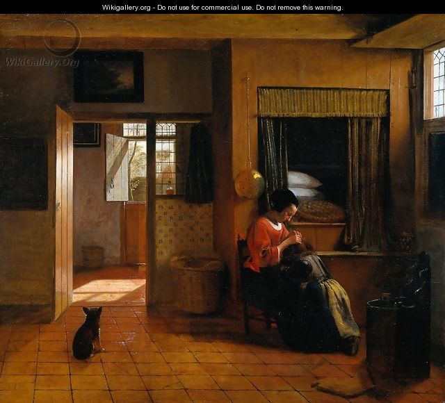 Interior with a Mother delousing her child