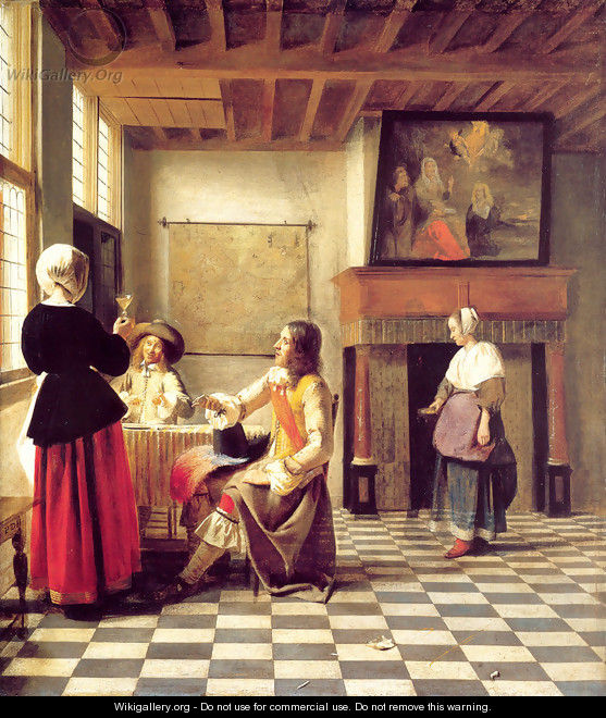 A Woman Drinking with Two Men and a Serving Woman - Pieter De Hooch