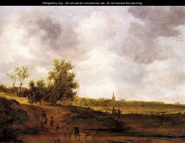 A rural landscape with peasants and a drover by a track, a village beyond - Jan van Goyen
