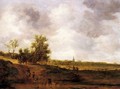 A rural landscape with peasants and a drover by a track, a village beyond - Jan van Goyen
