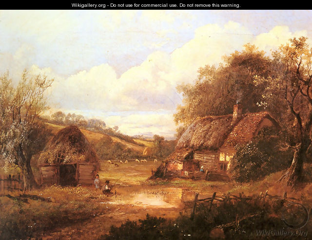 Landscape with figures outside a thatched cottage - Joseph Thors