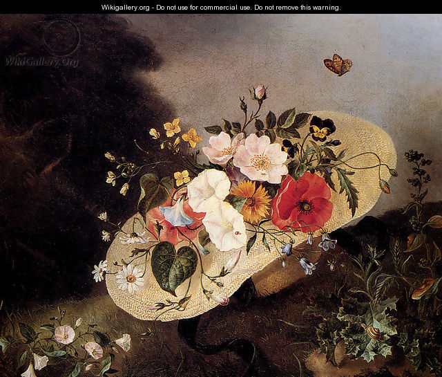 Still Life With Assorted Flowers In A Hat - Ange Louis Lesourd-Beauregard